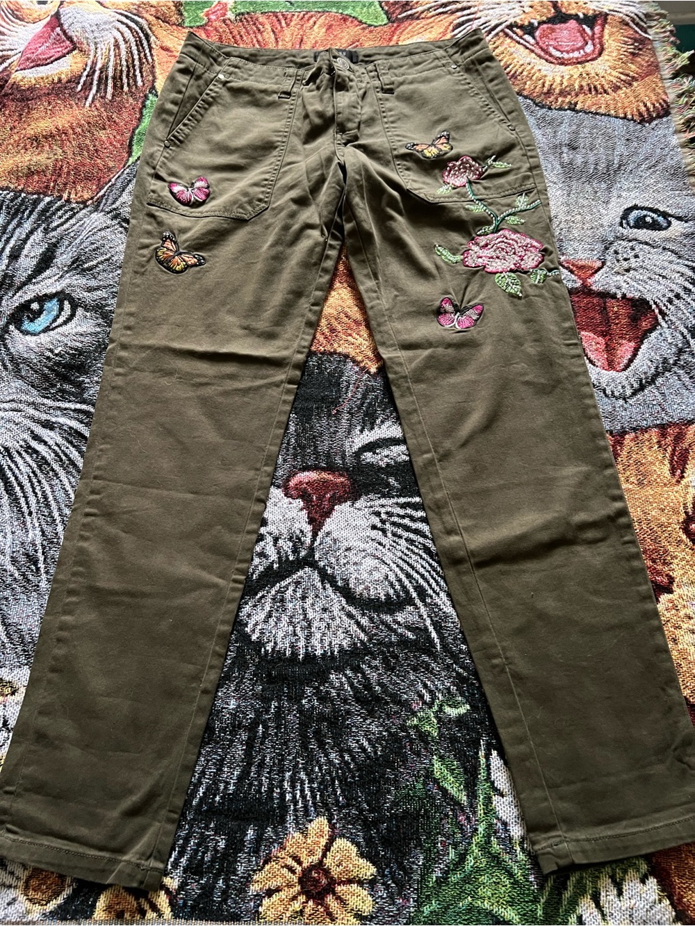 GUESS Olive Green Straight-Leg Jeans with Butterfly & Floral Embroidery